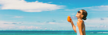 Healthy Juice Detox Happy Woman Drinking Carrot Juicing Smoothie Glass On Summer Sunny Day Vacation Background Banner Panorama. Copy Space On Blue Sky.