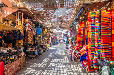 souvenirs on the jamaa el fna market in old medina, marrakesh, morocco