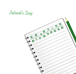 Notebook with template hand-drawn Green festive bunting with clover and pencil. Irish holiday - Happy St. Patrick's Day with a garland of three-leaf. Greeting card on holiday. Vector on wooden backgro