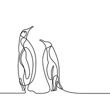 Continuous Line Drawing Two Penguins Stand Opposite Each Other. Love Concept.