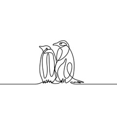 Continuous line drawing two penguins are standing nearby. Nature, wildlife.