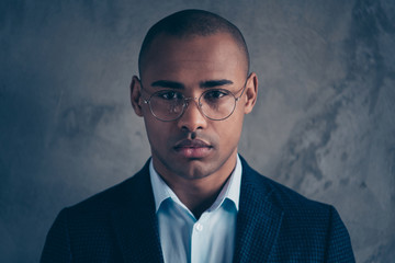 Wall Mural - Closeup photo of concentrated focused minded pensive thoughtful handsome attractive person people economist freelancer in modern look isolated grey background