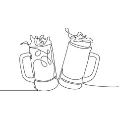 Continuous line drawing two glasses of bear clinking. Beer spray. Vector illustration.