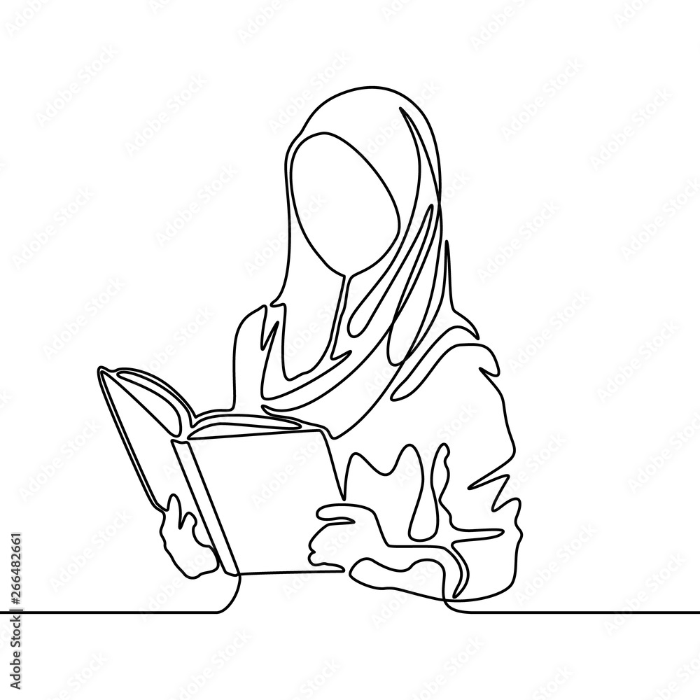 Continuous line muslim woman student reading a book. Vector ...