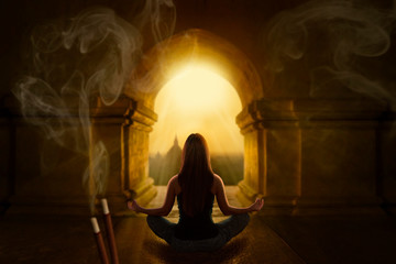 Wall Mural - woman with yoga pose in buddhist temple