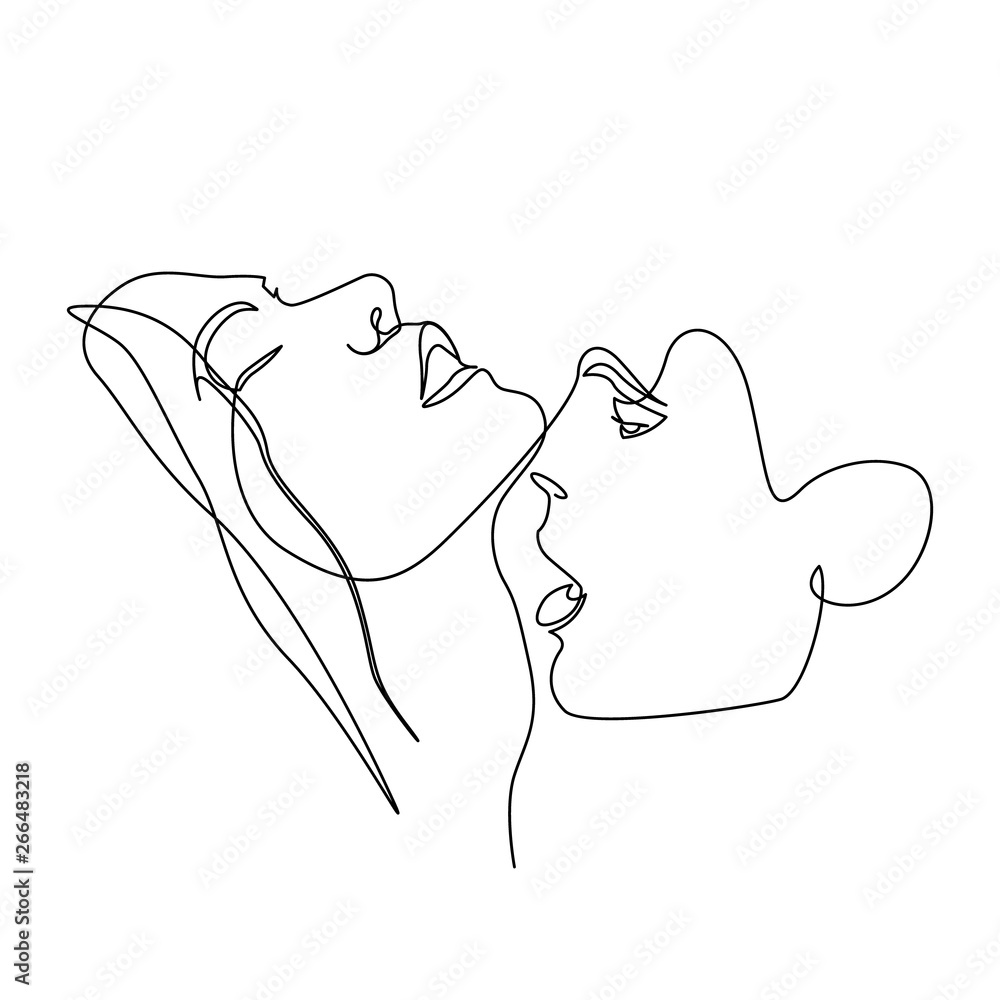Continuous one line beautiful woman and man kisses passionately Stock ...