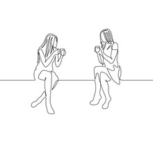 Continuous One Line Drawing Two Womans Chat Over A Cup Of Tea
