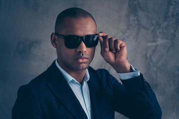 Wall Mural - Close up photo of gorgeous boss chairman touch fashionable specs serious gentlemen focused short hair bald concentrated ready have modern clothing isolated grey background