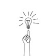 Continuous one line hand raised index forefinger and light bulb is on