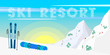 Winter web banner design Ski resort. Ski equipment, Fir trees, mountains and sun background. Flat vector illustration.