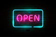 Neon Open bright signboard, glowing banner. Vector .illustration.