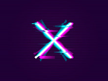 Glitched Cross Or X Design. Distorted Glitch Style. Glow Design For Graphic Design - Banner, Poster, Flyer, Brochure, Card. Vector Illustration.