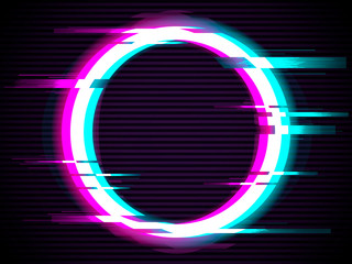 an illuminated circle with glitch effect. glitched circle frame design. distorted glitch style moder
