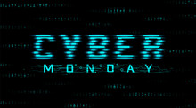 Cyber Monday Sale Banner. Hud Style, Glitch Effect. Binary Code Background. Vector.