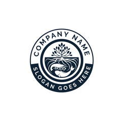 Wall Mural - hydroponics emblem logo design with trees and roots inside water with shrimp and fish