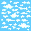 Set of cartoons clouds in different shapes isolated on blue background. Vector illustration in flat design.