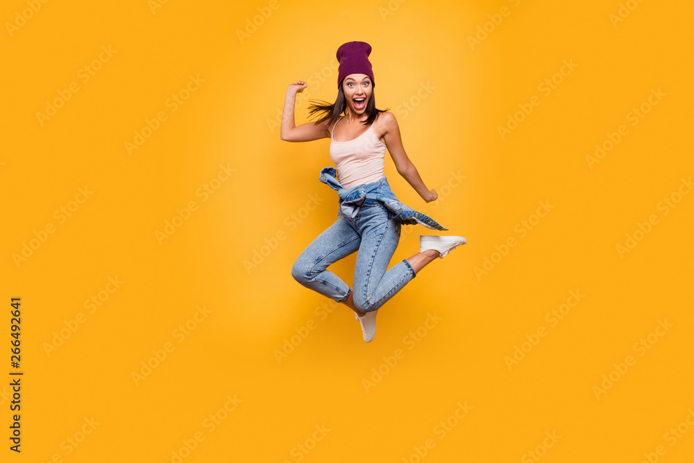 Full length body size view photo of funky funny lady do movements scream shout loud shocked satisfied raise hands dressed denim trousers pastel summer outfit isolated on colorful background - obrazy, fototapety, plakaty 