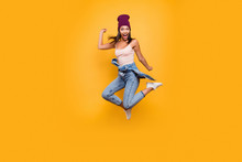 Full Length Body Size View Photo Of Funky Funny Lady Do Movements Scream Shout Loud Shocked Satisfied Raise Hands Dressed Denim Trousers Pastel Summer Outfit Isolated On Colorful Background