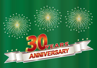 30 years anniversary postcard with salute on a green background with silver ribbon.Vector illus