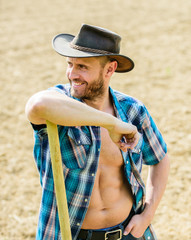 Sticker - happy earth day. Eco living. Eco farm. Harvest. muscular ranch man in cowboy hat. farming and agriculture cultivation. Garden equipment. sexy farmer hold shovel. Made with love