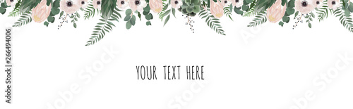 Horisontal botanical design banner. Pink rose, eucalyptus, succulents, flower...