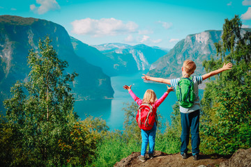 Wall Mural - happy little boy and girl travel in Norway