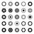 Camera Aperture icons. Shutter icons. Collection of 25 Back Symbols of Camera Iris Diaphragm Isolated on a White Background. Signs of Photo, Photography, Lens, etc. Vector Illustration