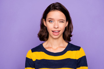 close up photo beautiful amazing funky she her lady pretty overjoyed impressed winking eye coquettis