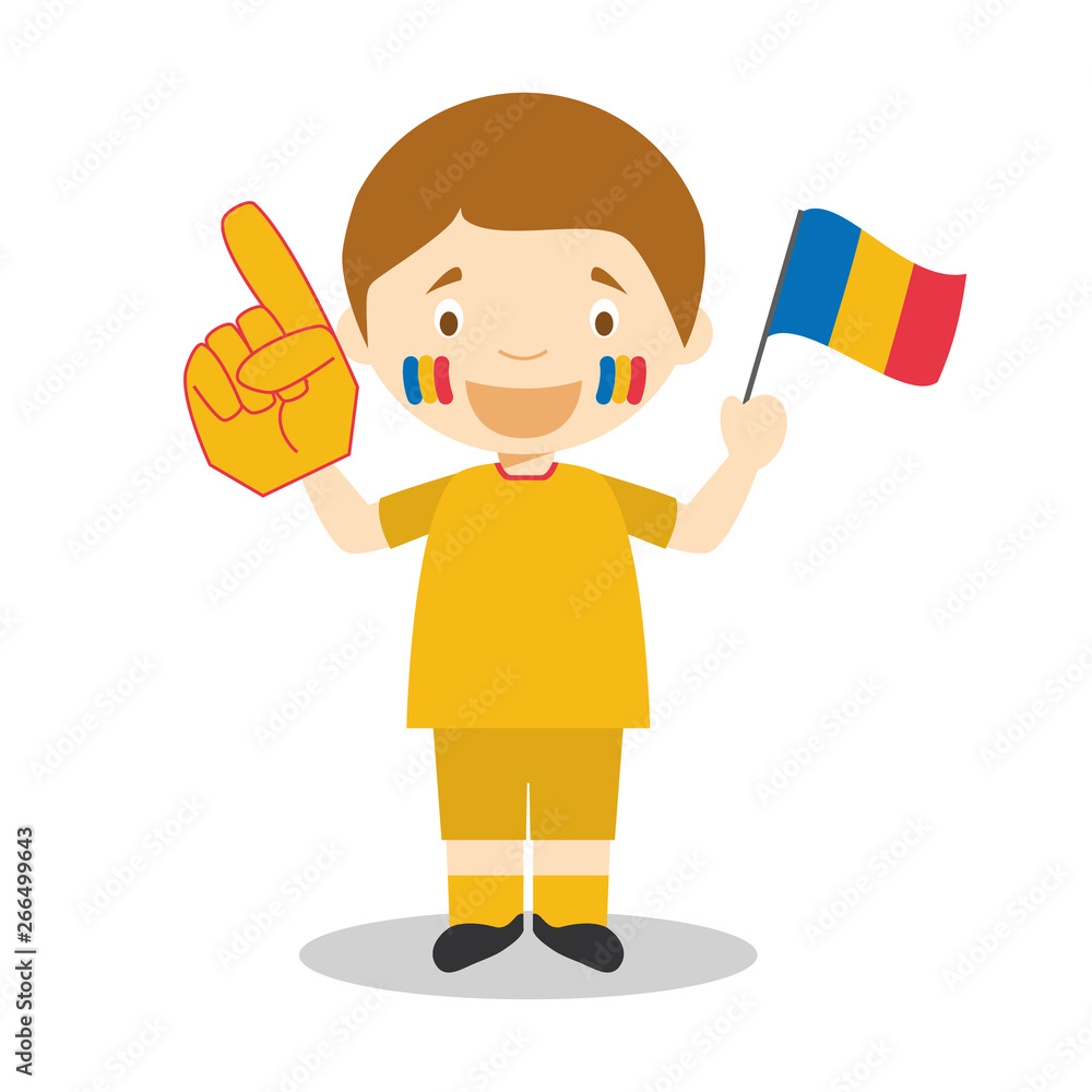 National sport team fan from Romania with flag and glove Vector Illustration - obrazy, fototapety, plakaty 