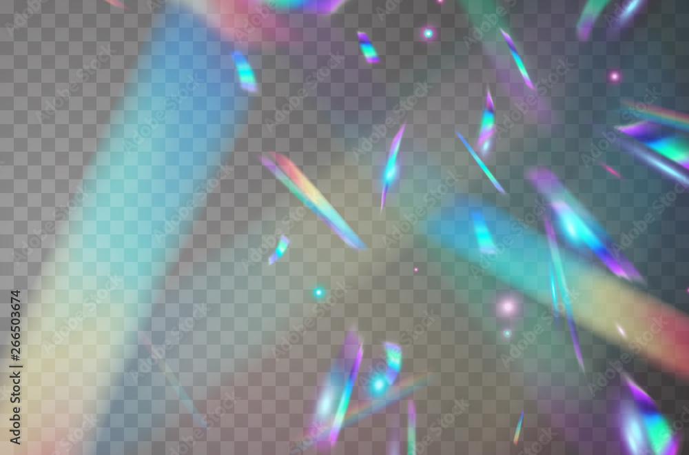 Holographic falling confetti isolated on transparent background. Rainbow iridescent overlay texture. Vector festive foil hologram tinsel with bokeh light effect and glare glitter. - obrazy, fototapety, plakaty 
