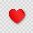 Paper sticker in heart shape with shadow isolated on transparent background. Vector empty red note post template.