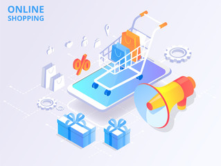 Wall Mural - Online store, shopping, online payment. Homepage template with 3d smartphone, goods and shopping cart.