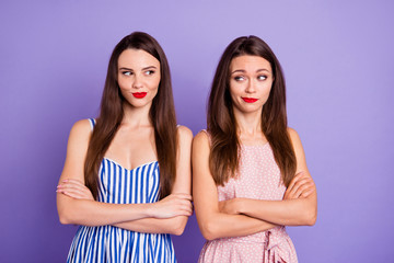 Sticker - Close up portrait amazing beautiful she her ladies classy chic forget offense create new bad person trick hands crossed folded wear colorful dresses isolated purple violet bright vivid background