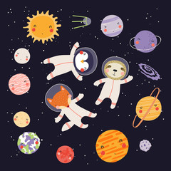 hand drawn vector illustration of cute animal astronauts in space, among the plaents of solar system