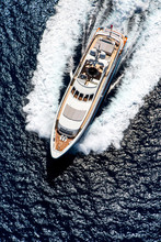 Aerial Top View Photo Of Luxury Yacht, Moving On Speed In The Open Sea With Splash And Wave