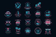 Vector Set Of Vintage Logos For Surfing Club. Creative Emblems With Surfboards, Sunglasses, Vans And Palm Trees. Hawaii, Summer Time