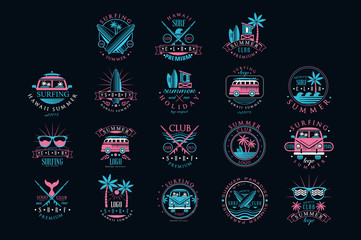 vector set of vintage logos for surfing club. creative emblems with surfboards, sunglasses, vans and