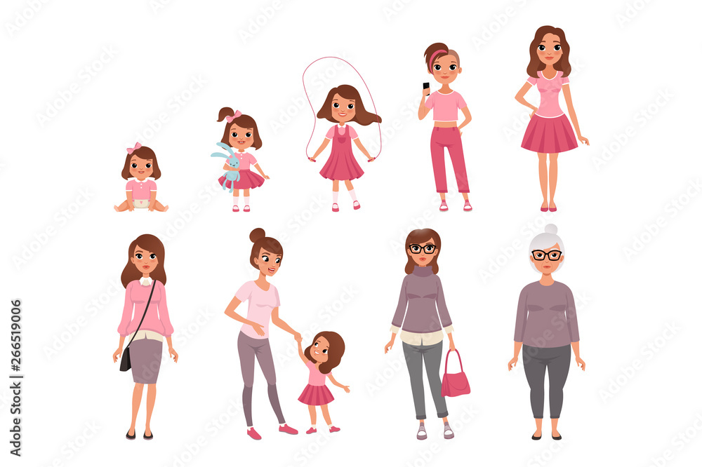 Life cycles of woman, stages of growing up from baby to woman vector ...