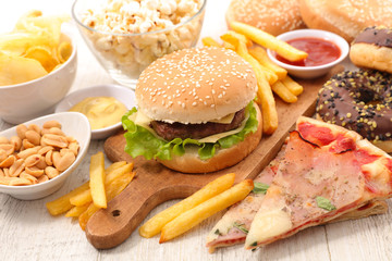 Wall Mural - american food with hamburger, french fries, pizza