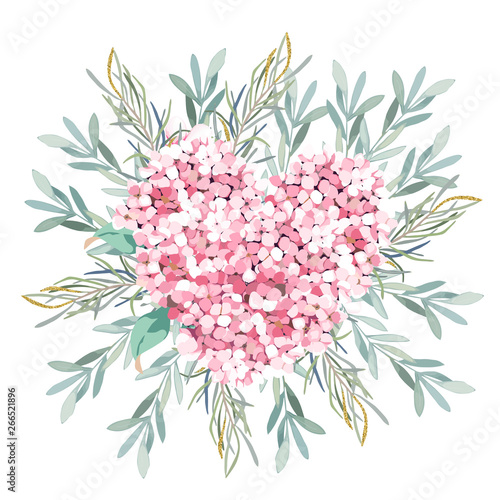 Floral greenery card. Template with eucalyptus branchs and hortensia. For wed...