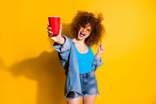 Close Up Photo Beautiful She Her Lady Wavy Styling Curls Festive Mood Clubber Little Drunk Beverage Hand Wear Specs Casual Jeans Denim Shirt Shorts Tank Top Outfit Clothes Isolated Yellow Background