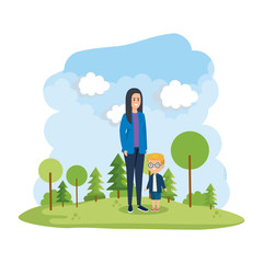 Wall Mural - young mother with little son in the park scene