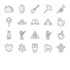 Wall Mural - Mexican culture linear icons set