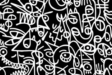 Wall Mural - Black and white cartoon pattern on black background, abstract design	