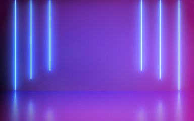 Futuristic Abstract Blue And Purple Neon Line Light Shapes On colorful background and reflective With Empty Space For Text - render, laser show, night club interior lights, glowing line
