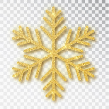 Christmas Decoration, Golden Snowflake Covered Bright Glitter, On Transparent Background. Xmas Ornament Gold Snow With Bright Sparkles