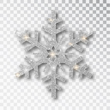 Silver Snowflake Isolated On A Transparent Background. Christmas Decoration, Covered Bright Glitter. Silver Glitter Texture Snowflake Isolated. Xmas Ornament Silver Snow With Bright Sparkle