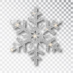 Wall Mural - silver snowflake isolated on a transparent background. christmas decoration, covered bright glitter.