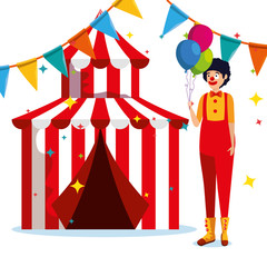 Canvas Print - man clown costume and circus with party banner