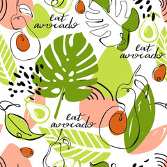 Wall Mural - Modern seamless pattern with avocado fruits, leaves, monstera leaf, lettering and abstract elements. Creative collage. Vector texture for textile, wrapping paper, packaging etc. Vector illustration.